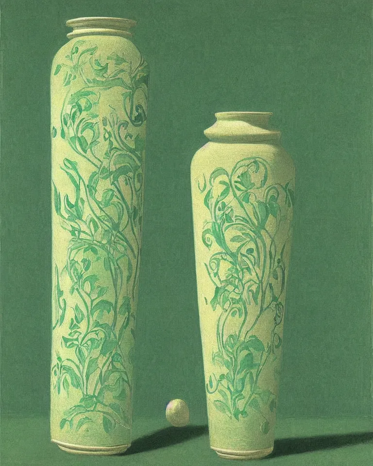 Prompt: achingly beautiful print of intricately painted ancient greek lekythos on a green pastel background by rene magritte, monet, and turner.