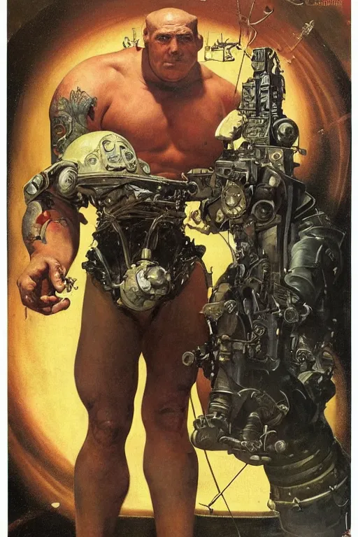 Prompt: 5 0 s pulp scifi fantasy illustration full body portrait martyn ford as huge troll wearing space armou, by norman rockwell, roberto ferri, daniel gerhartz, edd cartier, jack kirby, howard v brown, ruan jia, tom lovell, frank r paul, jacob collins, dean cornwell, astounding stories, amazing, fantasy, other worlds