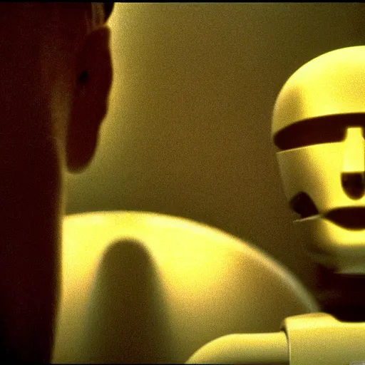 Image similar to movie scene of a man with a robot head screaming, movie still, cinematic composition, cinematic light, criterion collection, reimagined by industrial light and magic, Movie by David Lynch and Ridley Scott