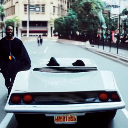 Prompt: photo of kanye west driving the batmobile cinestill, 800t, 35mm, full-HD