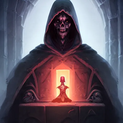 Image similar to necromancer sitting on a throne inside dungeon crypt, wearing a dark hood and completely blank mask, gray stone wall behind him by Stanley Artgerm Lau, WLOP, Rossdraws, James Jean, Andrei Riabovitchev, Marc Simonetti, and Sakimichan, Unreal Engine, 4k, trending on Artstation