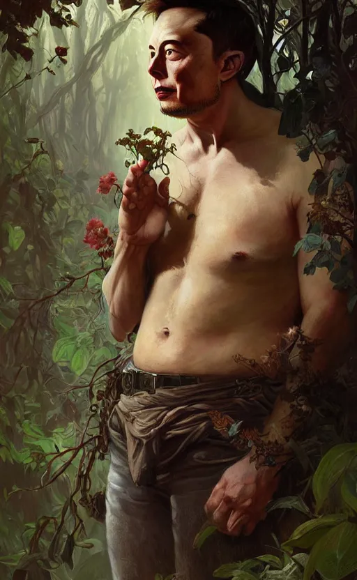 Image similar to elon musk god of the forest, 3 0 years old, rugged, male, gorgeous, detailed face, ottoman, amazing, thighs, flowers, muscular, intricate, highly detailed, digital painting, artstation, concept art, sharp focus, illustration, art by greg rutkowski and alphonse mucha