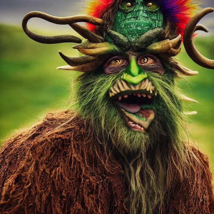 Image similar to closeup portrait of a green-horned goblin monster, wearing a cloak made of rainbows and metal, in an empty field, by Annie Leibovitz and Steve McCurry, natural light, detailed face, CANON Eos C300, ƒ1.8, 35mm, 8K, medium-format print