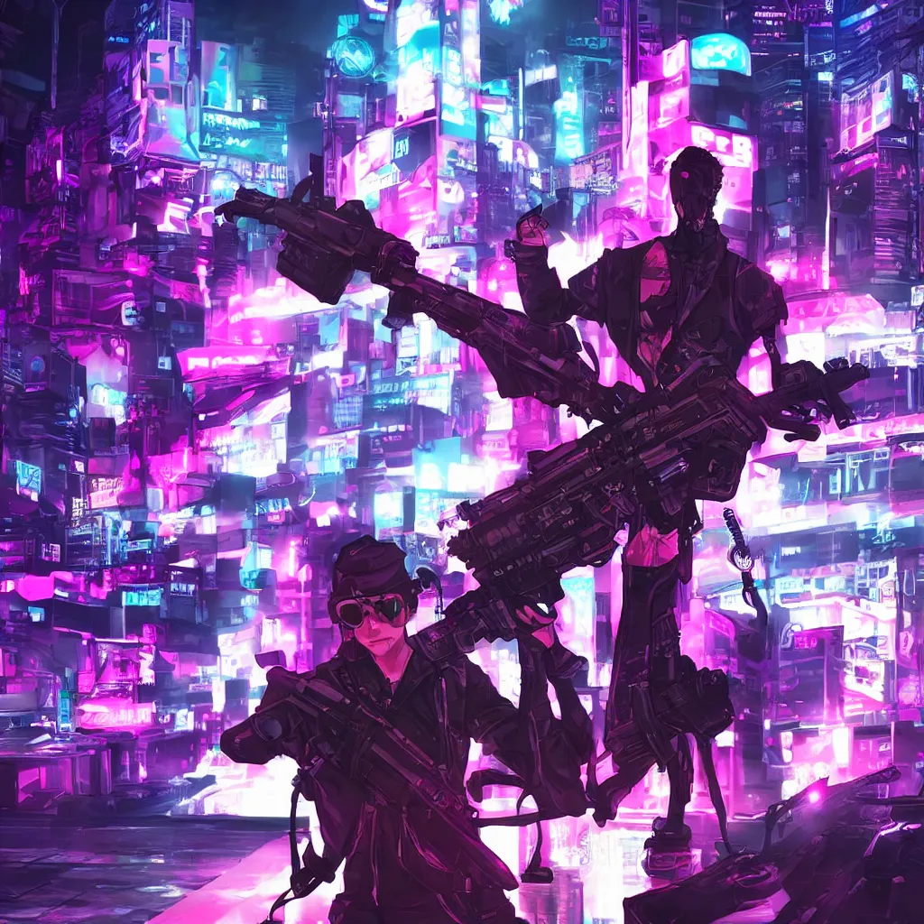 Image similar to portrait of Reaper (The World Ends With You) holding gun, cyberpunk aesthetic, city skyline on background, neon lights, glow, retrowave style