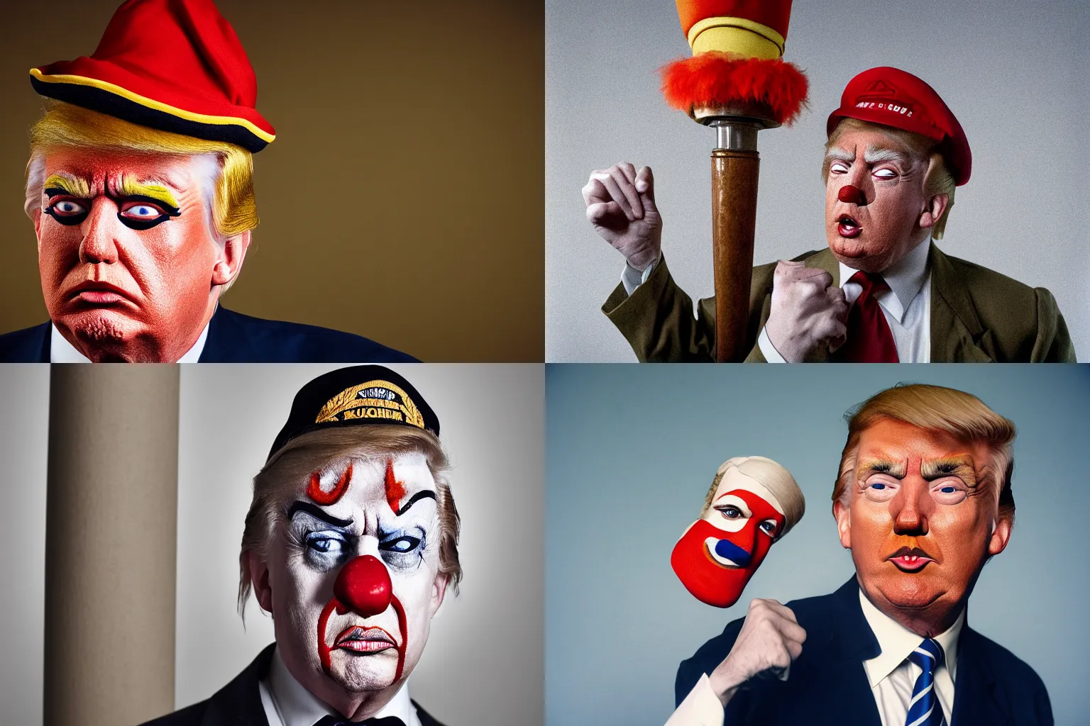 Prompt: upper body portrait photograph of Donald Trump in clown makeup and wearing Reichsführer outfit, off-camera flash, canon 50mm lens f4 aperture, shallow depth of field, 1/400 shutterspeed, Ektachrome color photograph, single point of light, roman column background