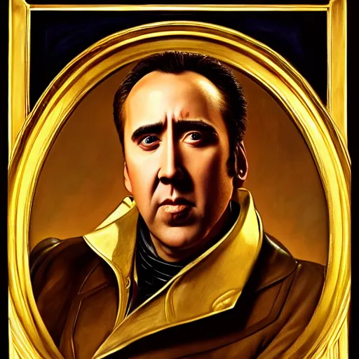 Image similar to Nicolas Cage as an Android, oil on canvas, golden hour, artstation, by J. C. Leyendecker and Peter Paul Rubens,