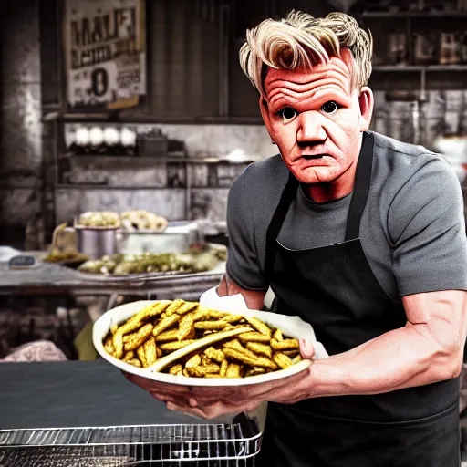 Image similar to gordon ramsay as street food vendor in fallout new vegas, very detailed, realistic, 4 k, professional photography