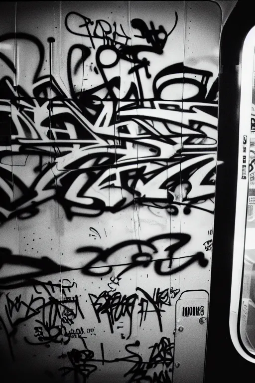 Image similar to subway cabin inside all in graffiti, man in stussy jacket closeup writing graffiti, night, film photography, exposed b & w photography, christopher morris photography