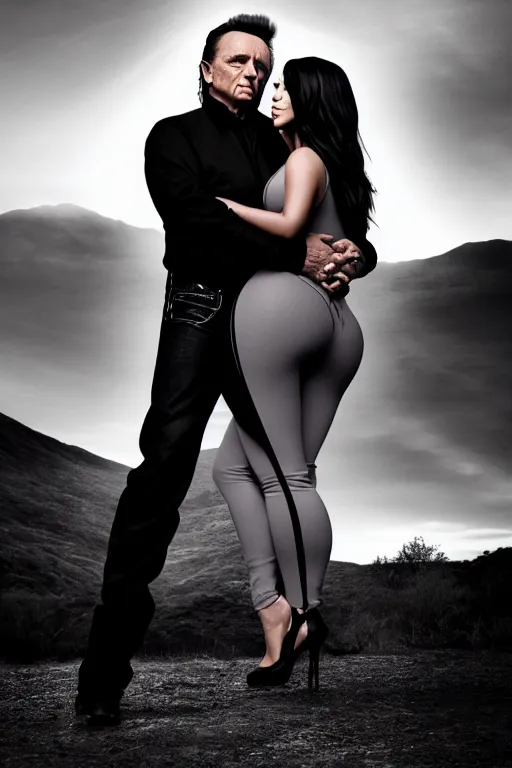 Prompt: johnny cash hugging kim kardashian, centered full body shot, full pov, kim wearing skintight grey sportswear, real photo, photoshooting, studio light, Irish mountains background, intricate, epic lighting, cinematic composition, hyper realistic, 8k resolution, unreal engine 5