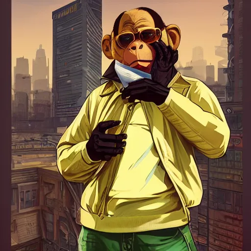 Image similar to [Monkey as president of Banana as GTA character, propaganda!, closeup, D&D, intricate, elegant, highly detailed, digital painting, artstation, concept art, matte, sharp focus, illustration, art by Artgerm and Greg Rutkowski and Alphonse Mucha and Enki Bilal]