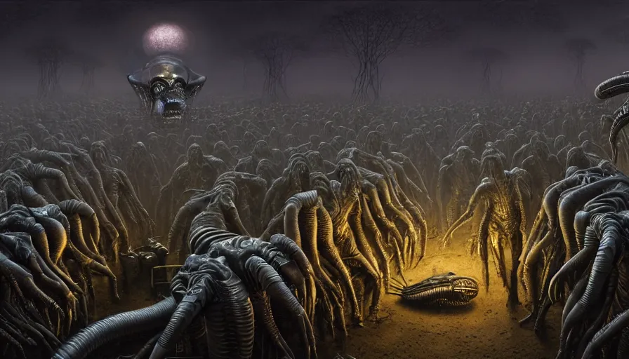 Image similar to alien army, rotting, fine details, digital art, volumetric lighting, cinematic light, photorealistic, by dan mumford and zdzisław beksinski, by giger, by caravaggio, 4 k,