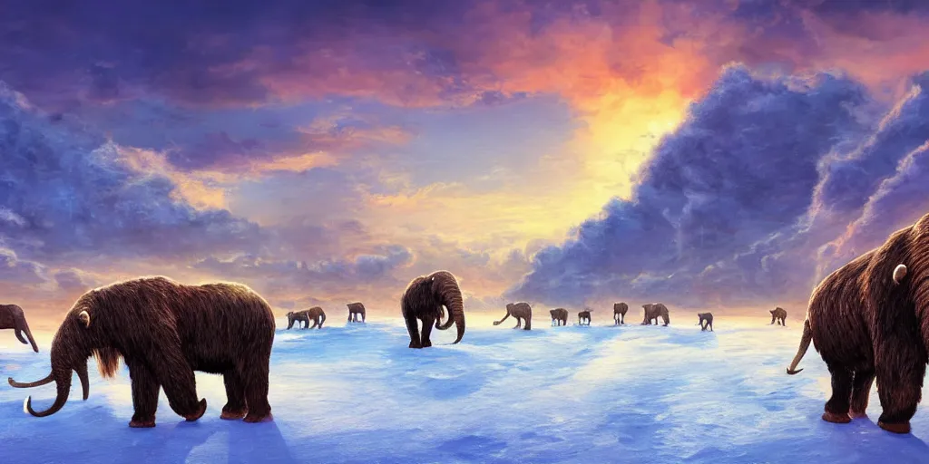 Image similar to digital art, trending on artstation, sunset at the north pole with some mammoths in the background walking while a meteorite falls