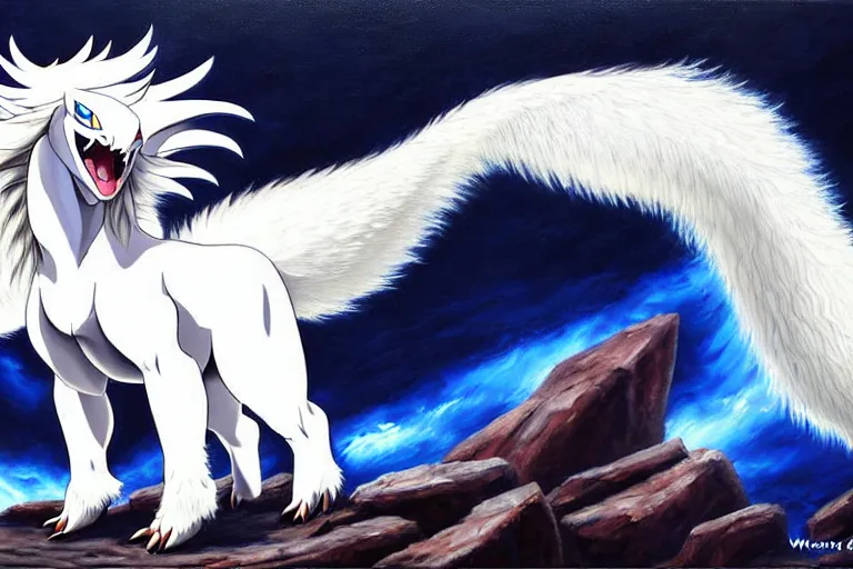 Image similar to a dramatic and detailed oil painting of absol from pokemon and a natural disaster. color manga by wayne reynolds and ken sugimori | absol has white fur, spurs, a sheep's face, each of it's four limbs ends in large paws with three clawed talons, the floof of a white silkie chicken shaped like a sleek edgy wolf