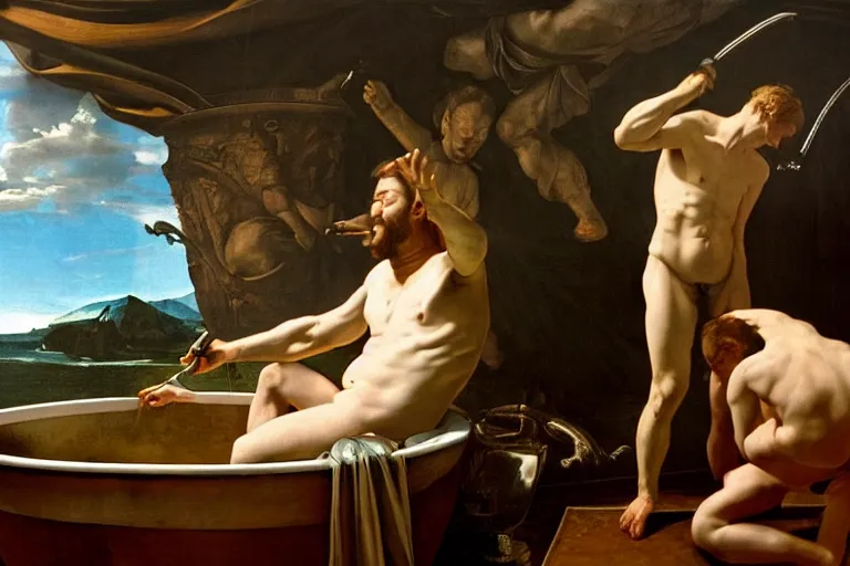 Prompt: hyperrealism aesthetic ridley scott and caravaggio style photography of detailed giant peeing in detailed ultra huge toilet bowl in surreal scene from detailed art house movie in style of denis villeneuve and wes anderson