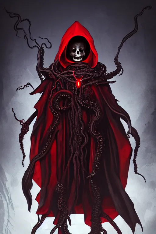 Prompt: A full body portrait of a mysterious character with a stylized skull with a very long hooded blood red and black cloak, tentacles coming out the ground art by Shaddy Safadi and Jason Chan, ominous, cosmic horror, trending on artstation, Ultra detailed, hyper realistic 4k