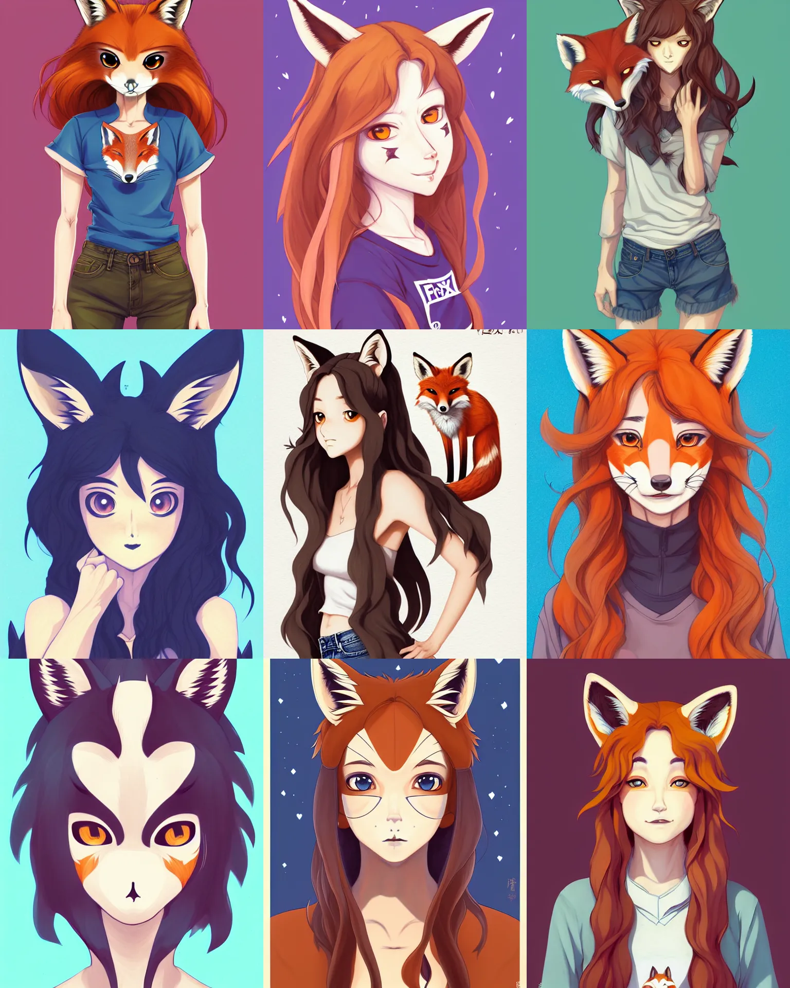 Prompt: fullbody portrait of wild half - fox woman with fox nose and ears, wearing summer jeans shorts and tshirt, anime art, concept art, detailed attractive face with fox nose and fox mouth, symmetrical, trending on pixiv, by lois van baarle by sung choi by john kirby artgerm style pascal blanche and magali villeneuve and hayao miyazaki