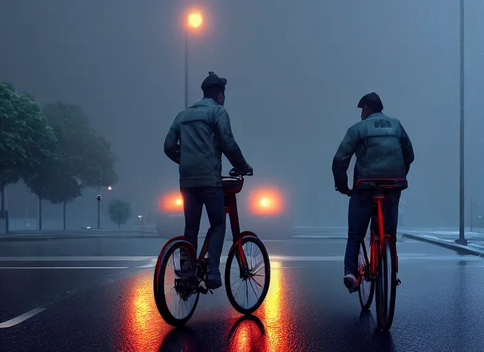 Image similar to uber eats delivery driver on a bicycle, mega details, greg rutkowski, orange lights, heavy rain, fog, beautiful rtx reflections, photorealistic, unreal engine 5, octane render, volumetric light, cg society, 4 k, bokeh, artstation