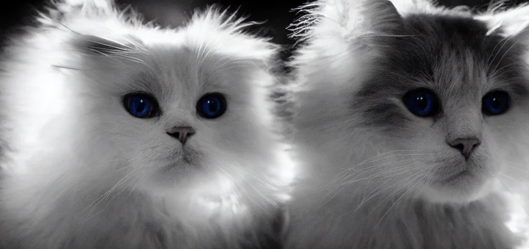 Image similar to a dancing white fluffy cat, dramatic lighting, black and white, 4 k, ultra detailed, blue eyes, professional portrait