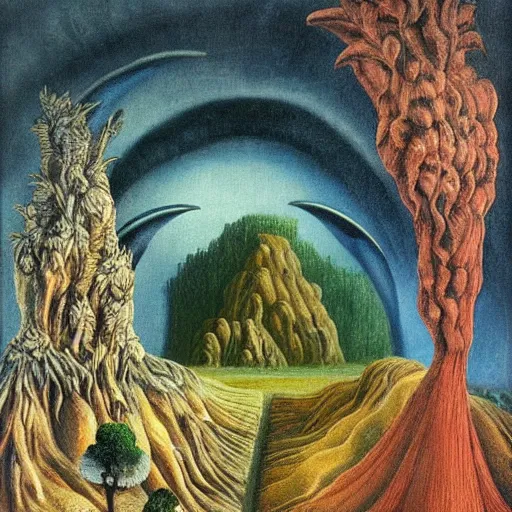 Image similar to painting of a lush natural scene on an alien planet by remedios varo. beautiful landscape. weird vegetation. cliffs and water.