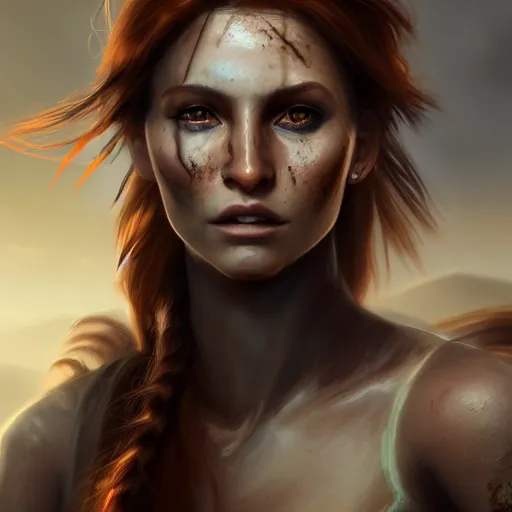 Prompt: fantasy concept art, frontal portrait of a young woman, auburn hair in a ponytail, natural makeup, athletic, slavic features, serious demeanor, ( tomb raider ), desert background, in the style of ruan jia, high detail, uplit, 8 k