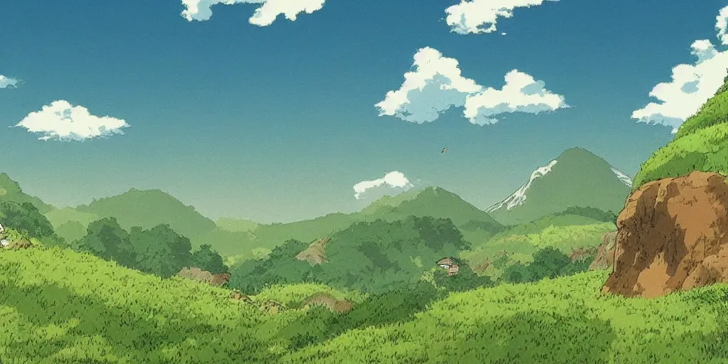 Prompt: a peaceful mountain overlooking a field, ultra detailed, studio ghibli