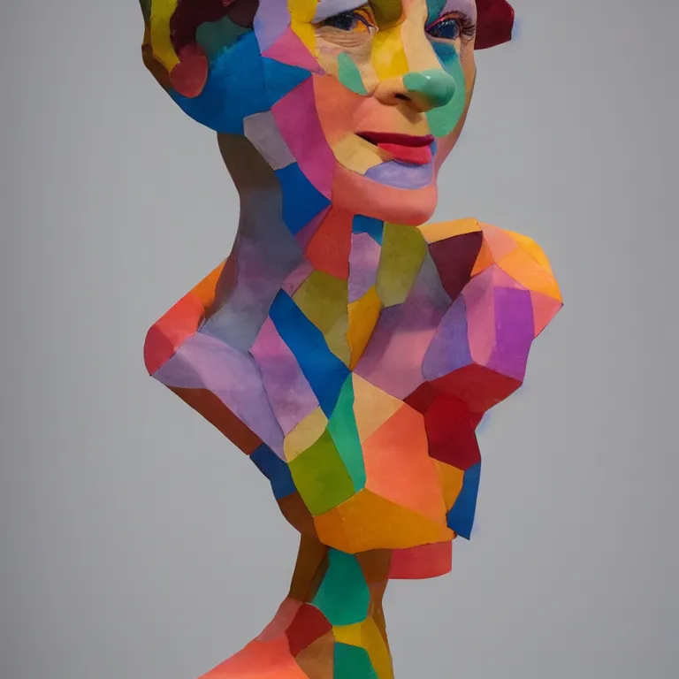 Image similar to beautiful studio photograph of colorful abstract geometric postmodern portrait sculpture of audrey hepburn smiling, made of watercolor - painted plaster on a pedestal by ron mueck and matthew barney and greg rutkowski, hysterical realism intense cinematic lighting shocking detail 8 k