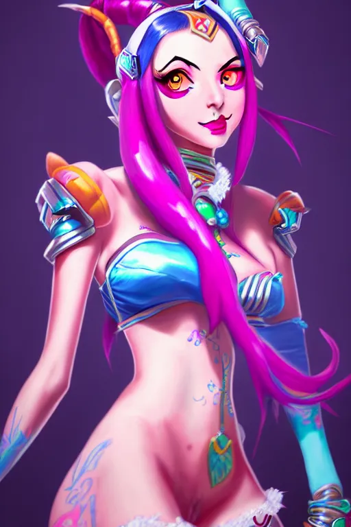 Image similar to a ultradetailed beautiful painting of jinx from league of legends, trending on artstation