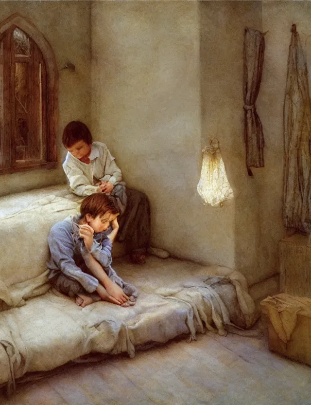 Image similar to peasant boy praying in country house, cottage core, cinematic focus, polaroid photo bleached vintage pastel colors high - key lighting, soft lights, foggy, by steve hanks, by lisa yuskavage, by serov valentin, by tarkovsky, detailed, oil on canvas