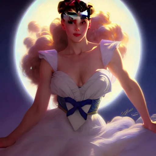 Image similar to Masterpiece Portrait of Sailor Moon, dark fantasy, medium shot, intricate, elegant, highly detailed, digital painting, volumetric light, artstation, concept art, smooth, sharp focus, illustration, art by Gil Elvgren and Greg Rutkowski and Alphonse Mucha