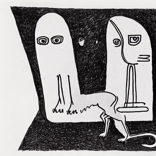 Image similar to saul steinberg drawing of a sphinx playing with a cat.