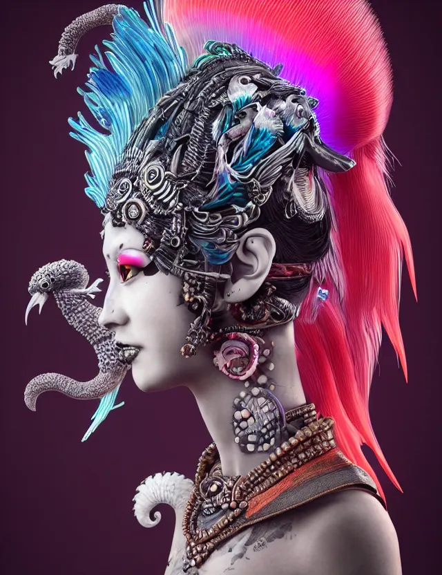 Image similar to 3 d goddess close - up profile portrait punk with mohawk with ram skull. beautiful intricately detailed japanese crow kitsune mask and clasical japanese kimono. betta fish, jellyfish phoenix, bio luminescent, plasma, ice, water, wind, creature, artwork by tooth wu and wlop and beeple and greg rutkowski