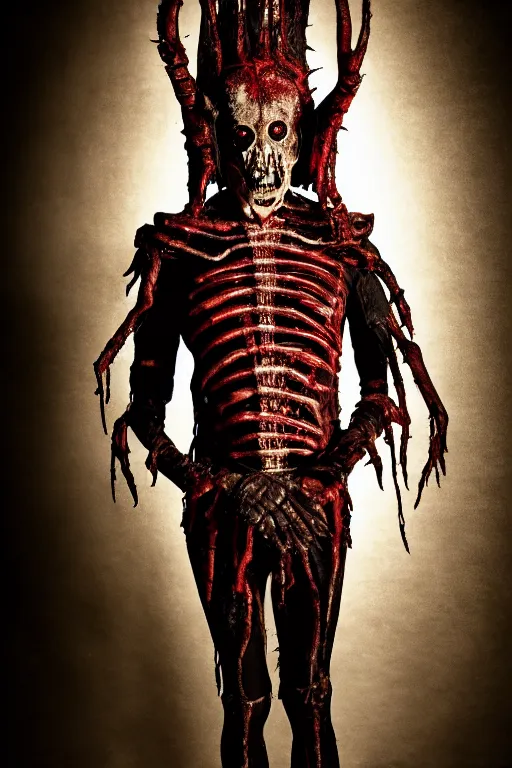 Image similar to dressed senobith, symmetrical, cinematic, elegant, dark atmosphere, professional studio light, real dlsr photography, costume made by clive barker, real rotten flesh and blood, 4 k, ultra hd, sense of awe