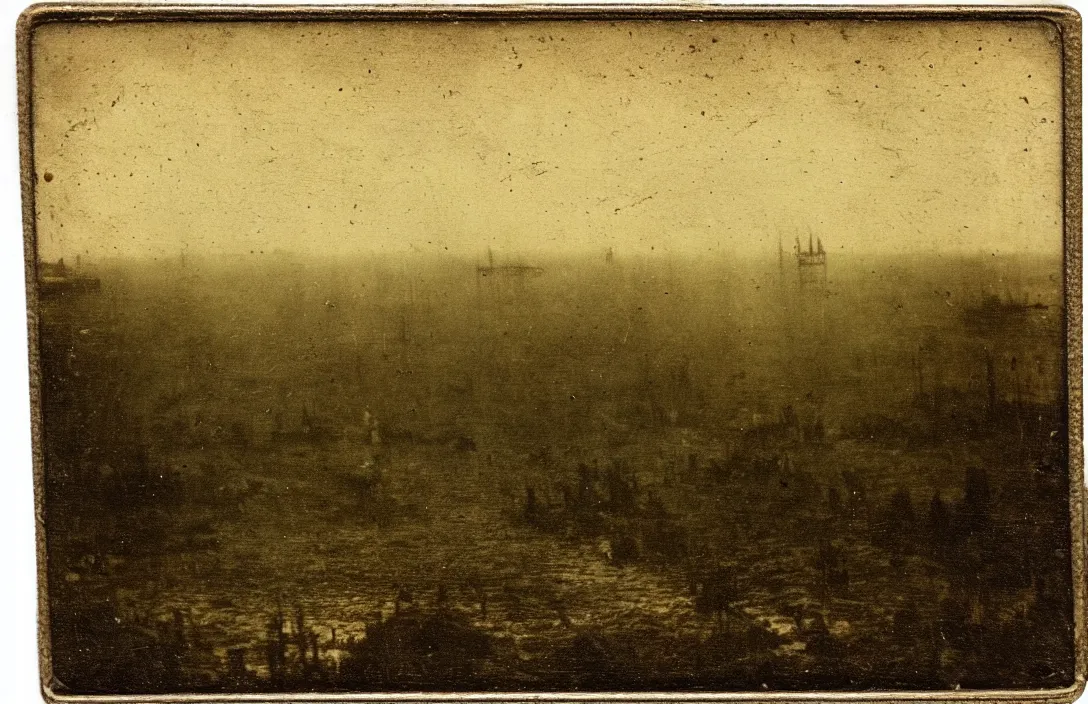 Prompt: the horizon dissolves in mists ambrotype vintage matchbox jan van der heyden