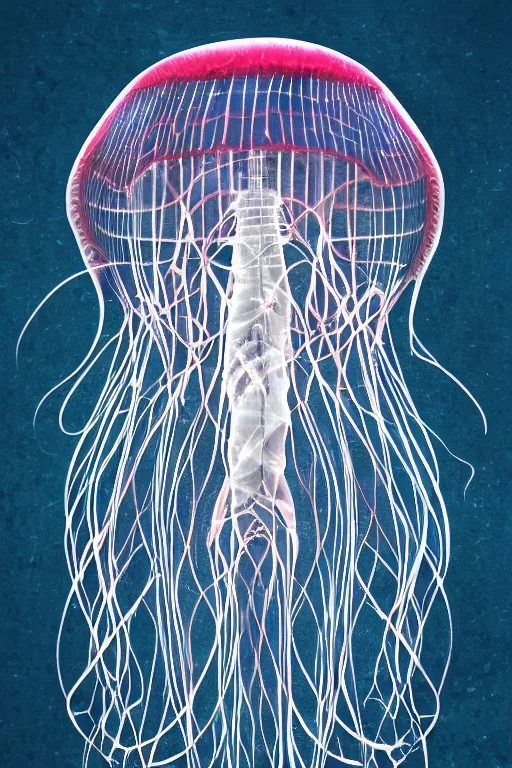 Image similar to the world inside a jellyfish, symmetrical, highly detailed, digital art, sharp focus, skeleton, trending on art station
