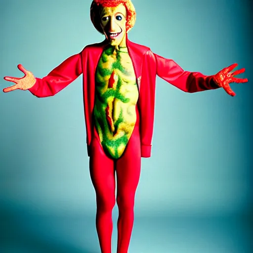 Prompt: uhd photorealisitc candid photo of anthony fauci dressed as slim goodbody. bloody. correct coostume. correct face, accurate face. photo by annie leibowitz and steve mccurry