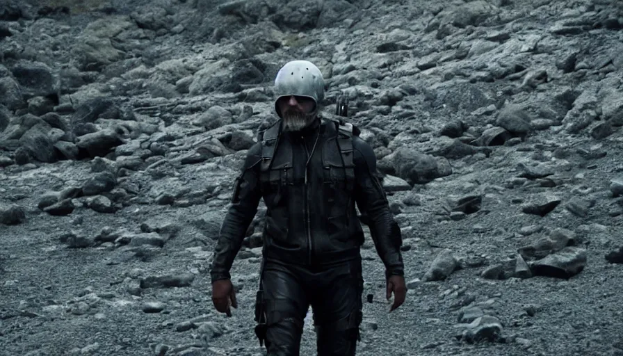 Prompt: Norman Reedus in Death Stranding, landscape, high contrast lighting, spherical lens, IMAX cinematography by Roger Deakins 4k