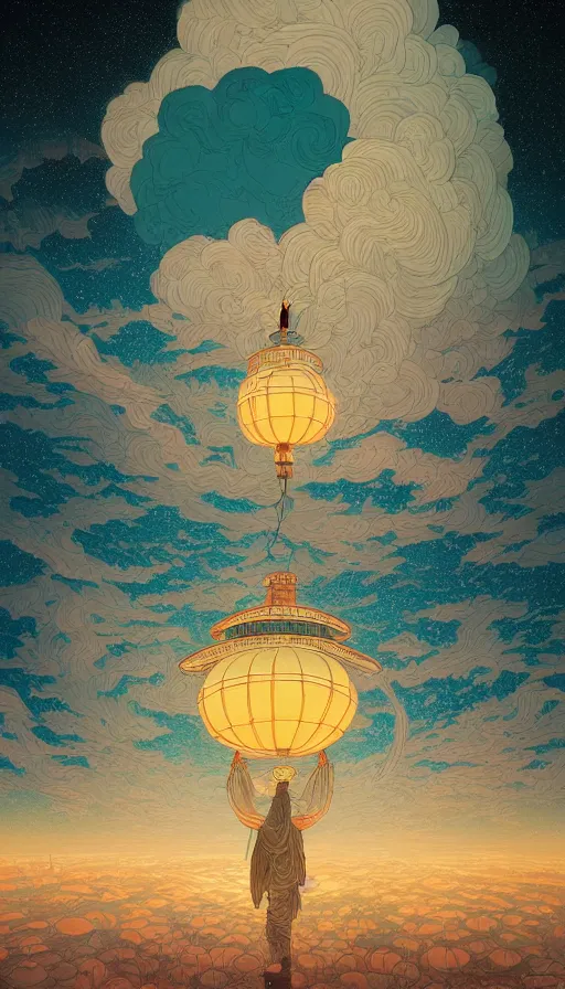 Image similar to the ancient oracle of the luminous lantern spirits on cosmic cloudscape, futurism, dan mumford, victo ngai, da vinci, josan gonzalez