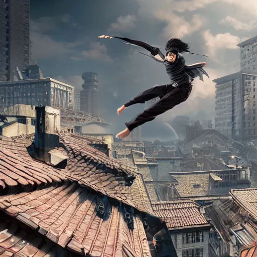 Prompt: a parkour ninja scales a rooftop, unreal engine, octane render, 4 k wallpaper, intense, intricate brush stroke detail, beautiful, gorgeous, by tite kubo, kentaro miura, no more heroes concept art