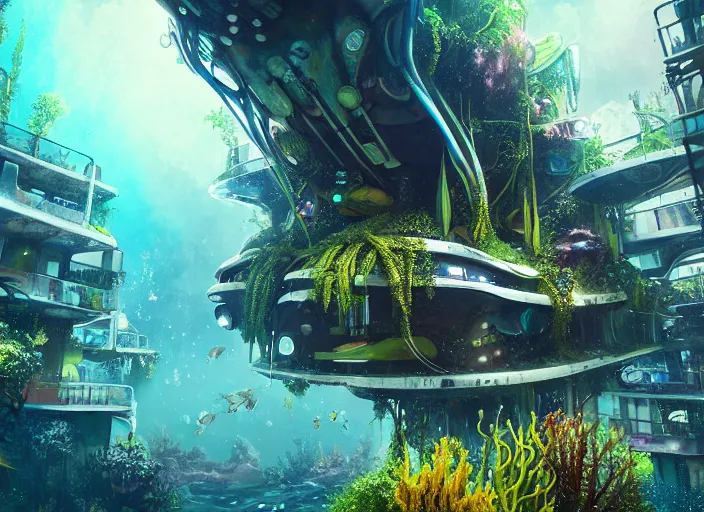 Image similar to overgrown favela spaceship cathedral, underwater environment, scenery, professional, award - winning, trending on artstation, hyper detailed, realistic, beautiful, emotional, shiny, colorful, picture