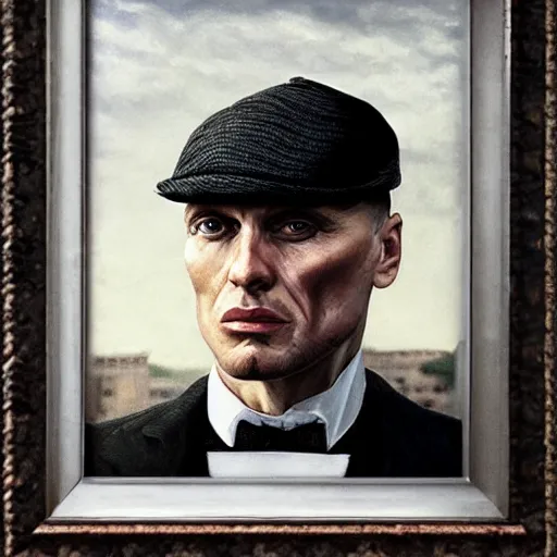 Image similar to a portrait of tommy shelby from the peaky blinders in front of atlantis, in the style of Benjamin Bader, sharp, highly detailed, realistic face, digital art, epic, fantasy, artstation