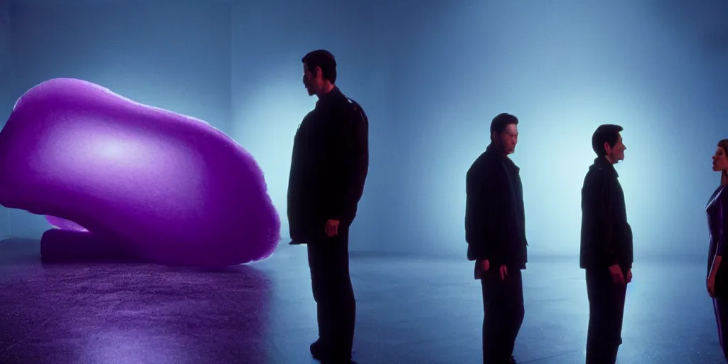 Prompt: cinestill of a giant form made of purple wax float through the living room film still from the movie directed by denis villeneuve with art direction, pouring rain menacing lights shadows, 8 k, hd, high resolution, 3 5 mm, f / 3 2, ultra realistic faces, lost highway