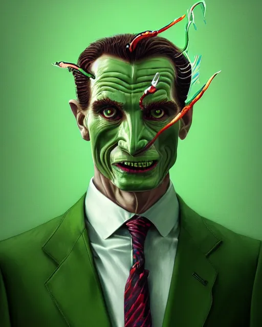 Prompt: anthropomorphic art of a businessman dragon, green dragon, portrait, 1 9 8 0 s business fashion, patrick bateman, american psycho, victo ngai, ryohei hase, artstation. fractal papers and books. highly detailed digital painting, smooth, global illumination, fantasy art by greg rutkowsky, karl spitzweg