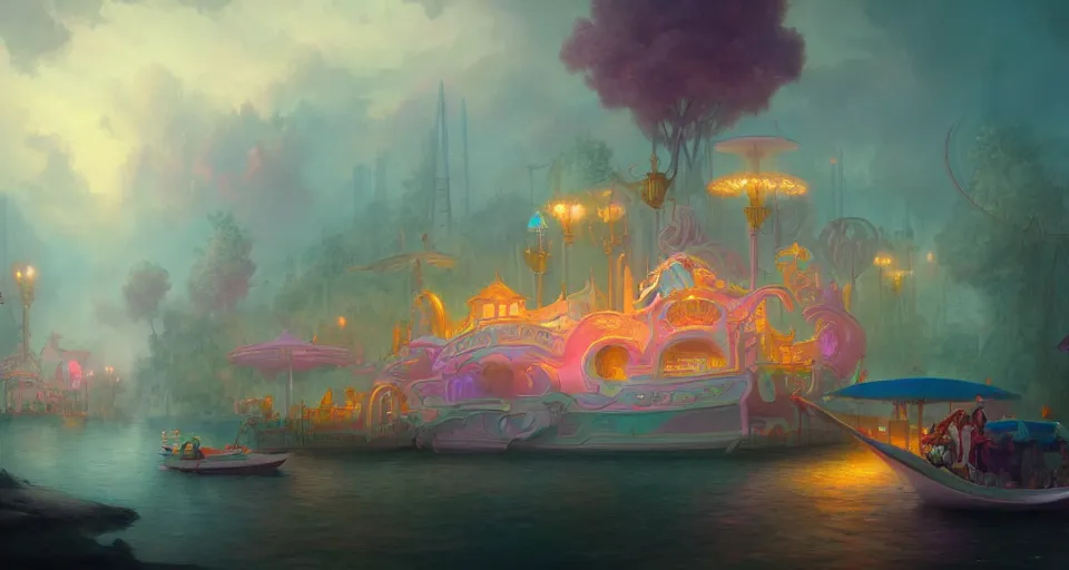 Image similar to an amusement park boat ride with pastel colors by peter mohrbacher, vivid colors, matte painting, 8K, concept art, mystical color scheme, trending on artstation