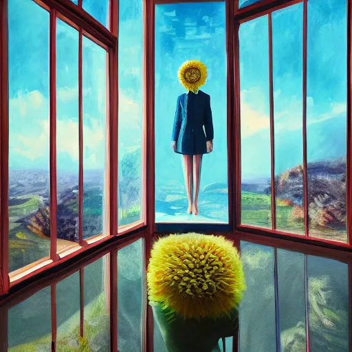 Prompt: huge daisy flower head, woman in suit, standing next to modern window in luxury apartment, surreal photography, sunlight, impressionist painting, digital painting, artstation, simon stalenhag