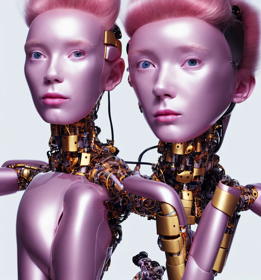 Prompt: portrait of a futuristic cyborg robot wearing a gold pipes fitted beauty mask and pink hair buns, wearing a black bodysuit by alexander mcqueen, cream white background, perfectly symmetric, soft diffused light, biotechnology, humanoid robot, hanging electrical cables and pipes, bjork aesthetic, translucent, by rineke dijkstra, intricate details, highly detailed, masterpiece,