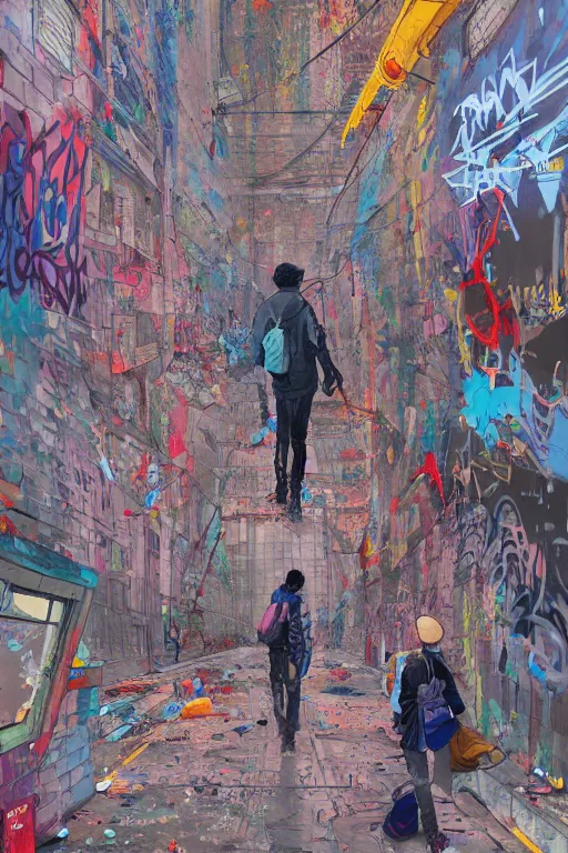 Image similar to people walking in a city covered with graffiti paint dripping down to the floor from the sky, professional illustration by james jean, painterly, yoshitaka Amano, hiroshi yoshida, moebius, loish, painterly, and artgerm, illustration