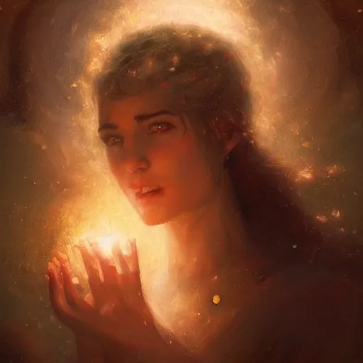 Prompt: A woman holding!!!!! Earth in her palms, enchanting it with a spell, illustrated by Greg Rutkowski and Gaston Bussiere, vividly radiantly beautiful lighting, closeup!!!!!, portrait imagery!!!!!, dazzling dappled lighting, subsurface scattering, light refractions, trending on artstation, 4k, 8k!!!!!