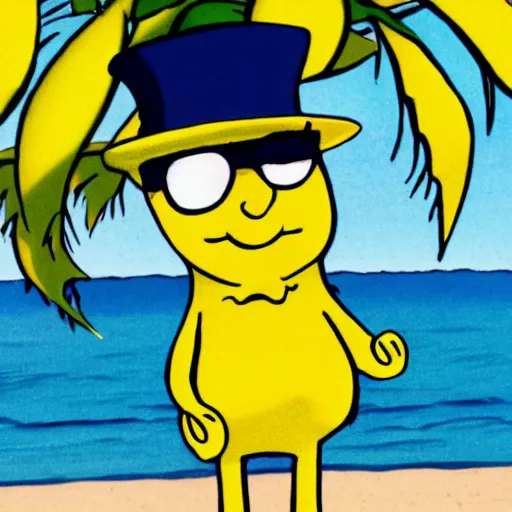 Prompt: lemonman cartoon character is relaxing on a beach, inspired by dalle 2 generations.