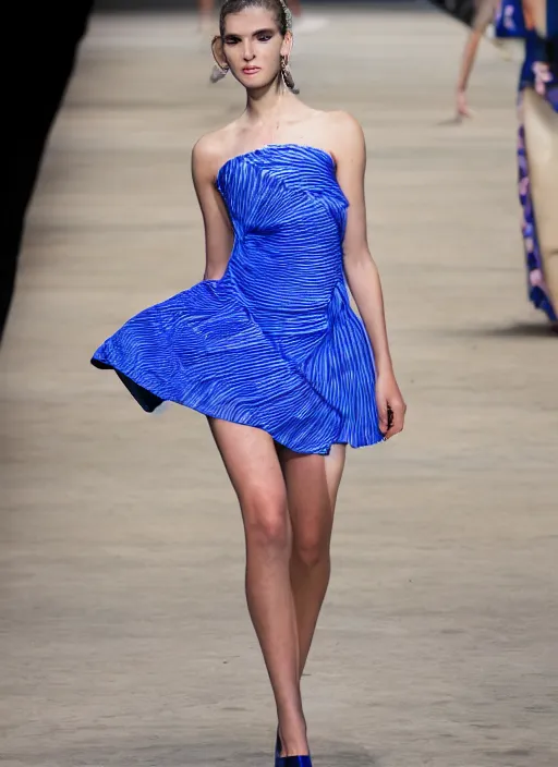 Image similar to full shot of beautiful model on runway wearing a blue roses dress in the style of issey miyake