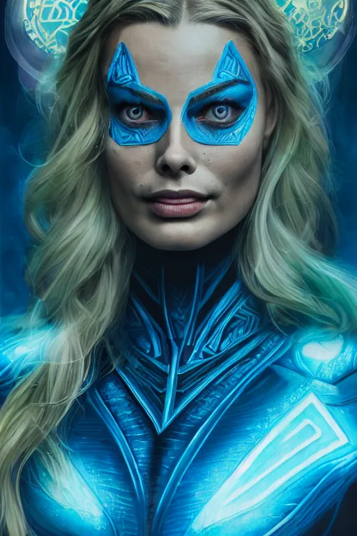 Image similar to majestic and regal portrait of margot robbie female blue lantern, dc universe, perfect face, beautiful, intricate, epic, elegant, fantasy, highly detailed, digital painting, hard focus, beautiful volumetric lighting, epic light, ultra detailed, by leesha hannigan, ross tran, thierry doizon, kai carpenter, ignacio fernandez rios